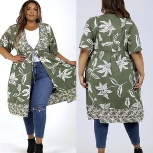 Angie Boho Floral Long Tie Front Kimono Jacket Olive Green Size Medium